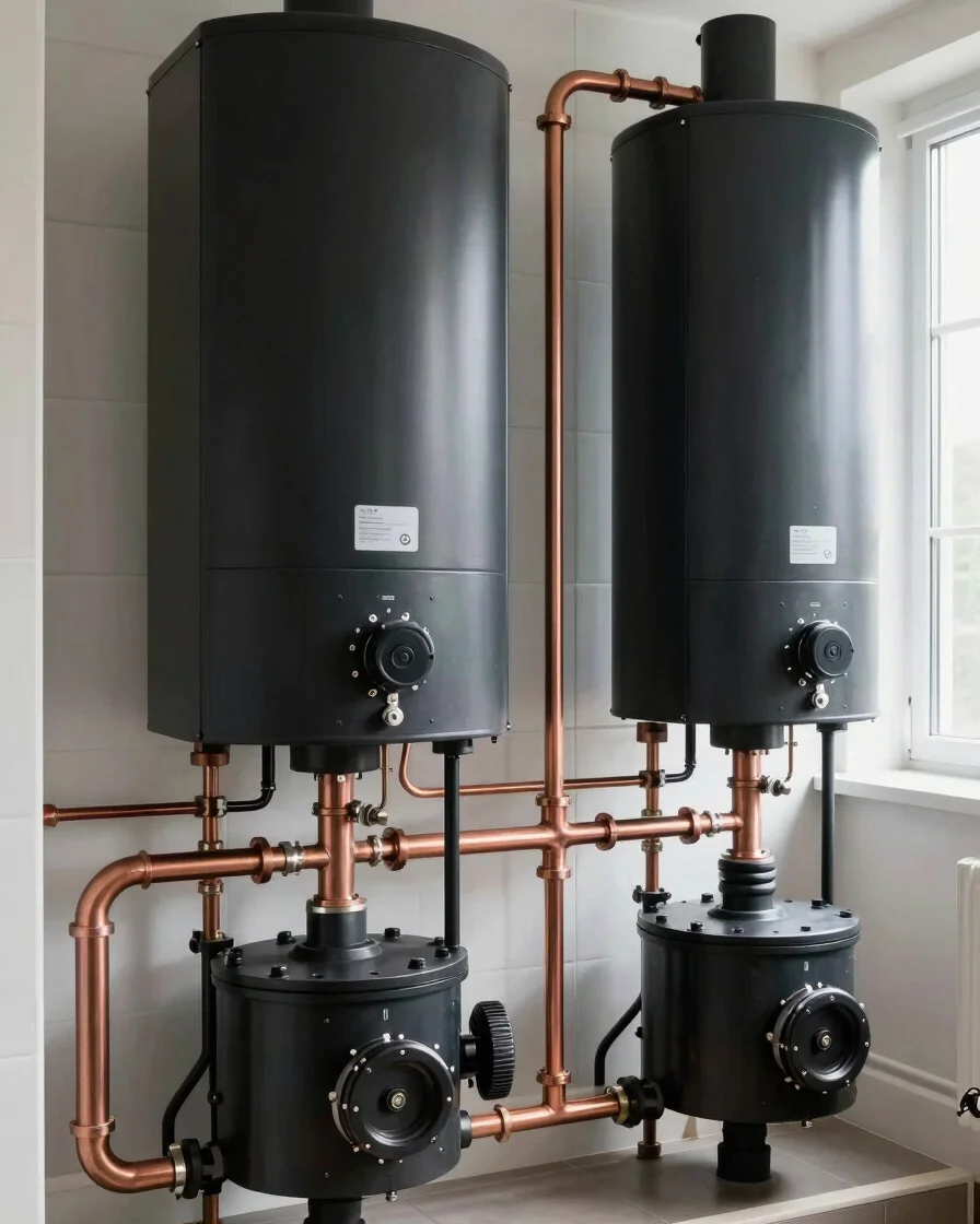 Crisp technical trade photo of a neatly mounted modern boiler sys