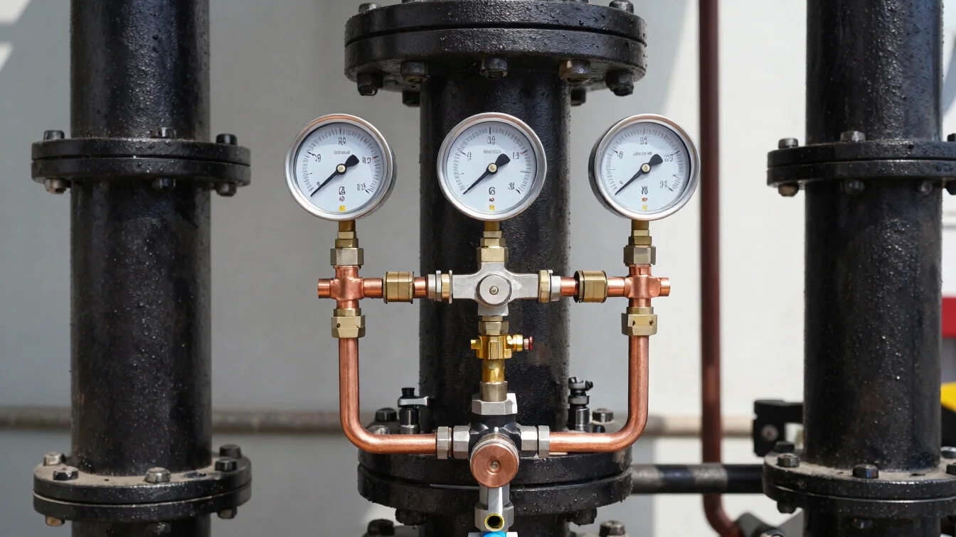 Close up technical shot of precision copper pipework and pressure