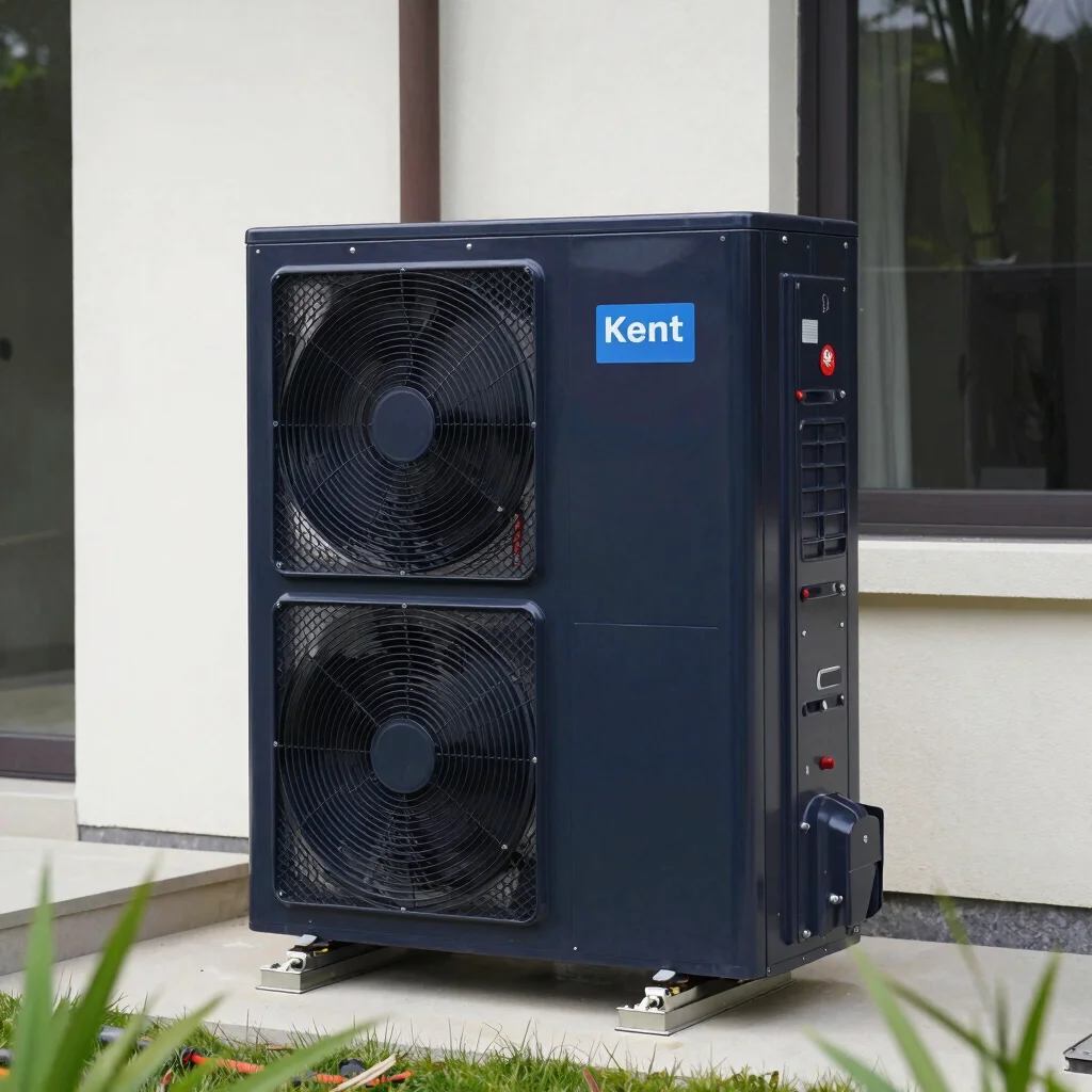 Outdoor air source heat pump unit installation on a modern Kent p